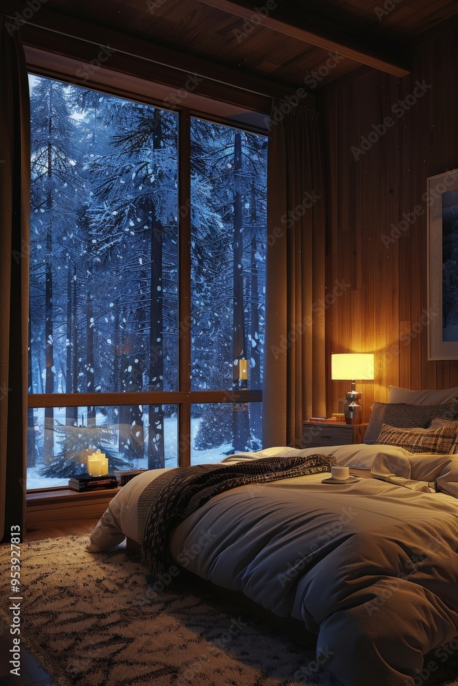 Cozy Mountain Cabin Bedroom with Large Window Overlooking Snowy Forest, Thermal Comfort, Bedside Table Lamp, and Warm Indoor Lighting at NightCozy Cozy Mountain Cabin Bedroom with Large Window Overlooking Snowy Forest, Thermal Comfort, Bedside Table Lamp, and Warm Indoor Lighting at NightCozy