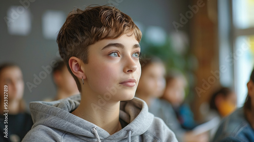 NON BINARY teenagers at group meeting with psychologist, support group, bullying at school. 