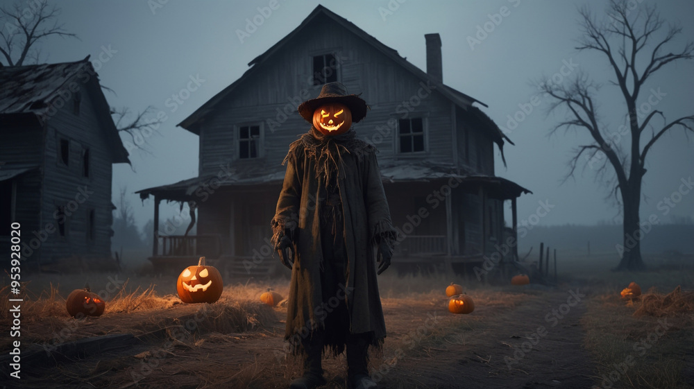 A frightful scarecrow with a sinister, gnarled face looms in front of an old, abandoned farmhouse. The farmhouse is dark and decrepit, with broken windows and a sagging roof. A frightful scarecrow with a sinister, gnarled face looms in front of an old, abandoned farmhouse. The farmhouse is dark and decrepit, with broken windows and a sagging roof.