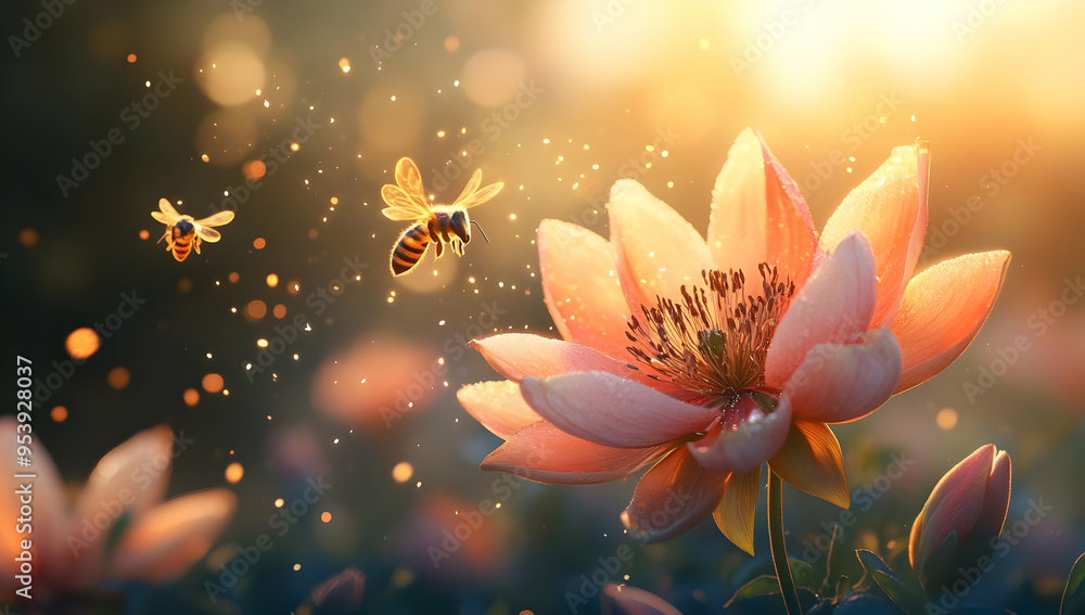 A soft pink flower attracts busy bees in a glowing garden, highlighting nature's beauty and the vibrant harmony of life. A soft pink flower attracts busy bees in a glowing garden, highlighting nature's beauty and the vibrant harmony of life.