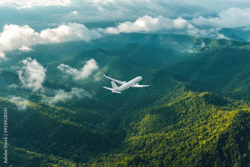 Fototapeta premium Airplane Flying Over Green Mountains and Clouds