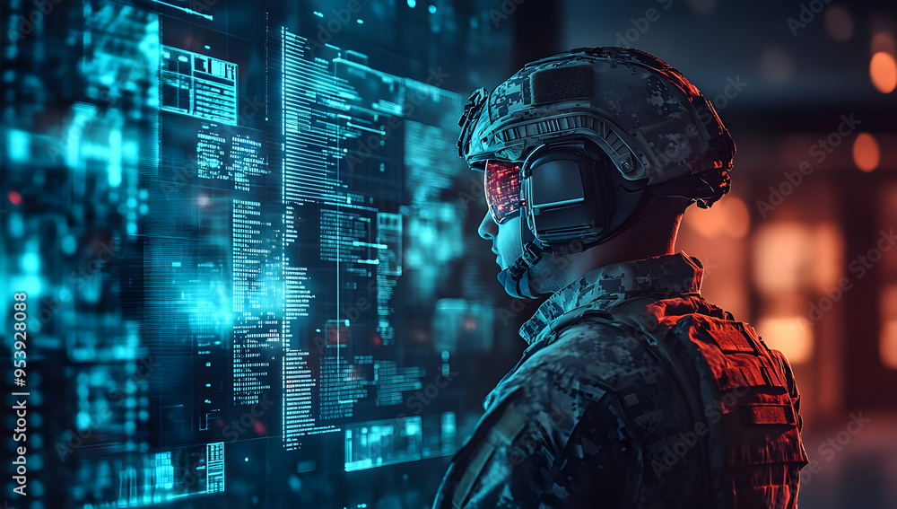 A soldier interacts with advanced technology, displaying data visually in a secure, futuristic environment. A soldier interacts with advanced technology, displaying data visually in a secure, futuristic environment.