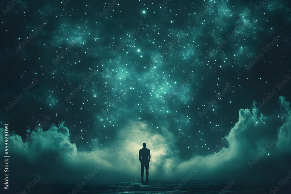 Fototapeta premium A solitary figure stands beneath a mesmerizing starry sky, evoking wonder and contemplation in the vastness of the universe.