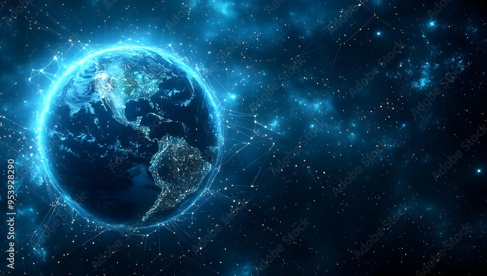 A stunning depiction of Earth surrounded by a cosmic blue glow, showcasing the beauty of our planet in a celestial environment. A stunning depiction of Earth surrounded by a cosmic blue glow, showcasing the beauty of our planet in a celestial environment.