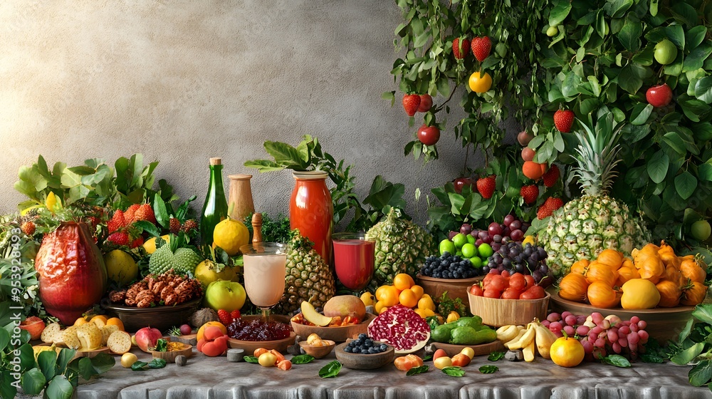 A vibrant brunch table with 3D-rendered fresh fruits vegetables and local ingredients A vibrant brunch table with 3D-rendered fresh fruits vegetables and local ingredients