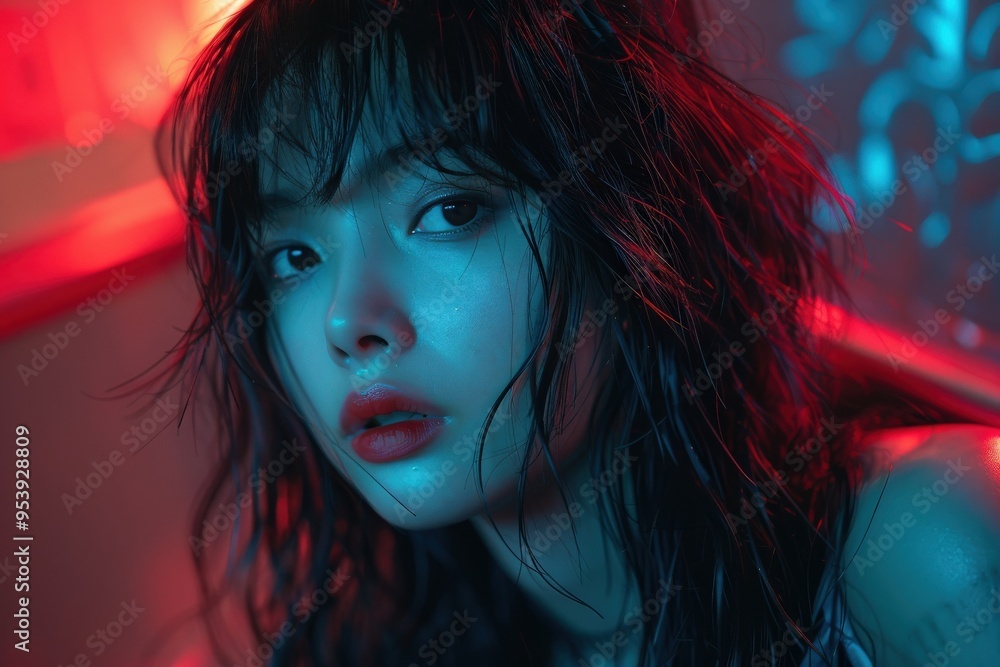 Moody Portrait of a Young Woman with Wet Hair in Contrasting Blue and Red Lighting, Reflecting Mystery and Intensityportrait Moody Portrait of a Young Woman with Wet Hair in Contrasting Blue and Red Lighting, Reflecting Mystery and Intensityportrait