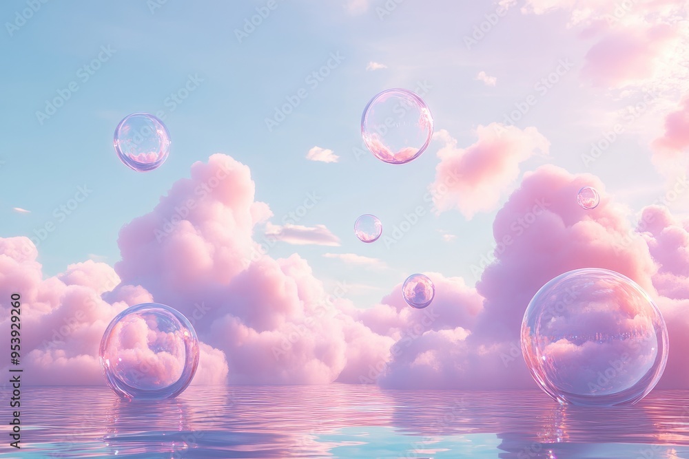Large Bubble Floating Over Water With Pink Clouds Reflected Inside Large Bubble Floating Over Water With Pink Clouds Reflected Inside