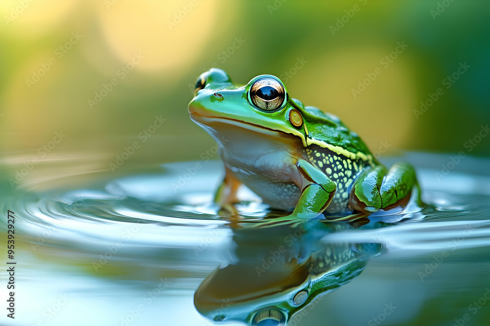 A vibrant green frog sits serenely on the water's surface, capturing nature's beauty in a tranquil setting. A vibrant green frog sits serenely on the water's surface, capturing nature's beauty in a tranquil setting.