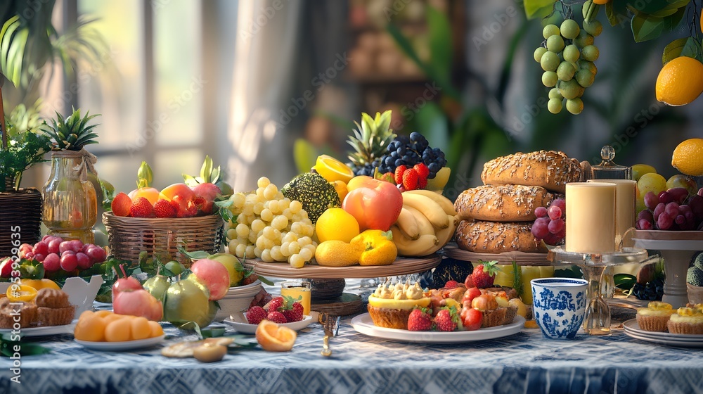 A colorful brunch table with 3D-rendered fresh produce and artisanal pastries A colorful brunch table with 3D-rendered fresh produce and artisanal pastries