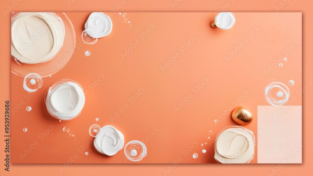 Fototapeta premium Abstract composition with white cream smears and golden element on a peach background