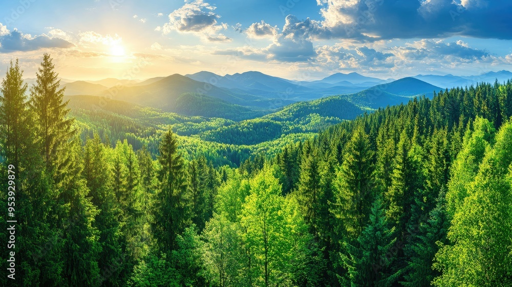 Forest spring landscape dense forest trees in the valley in sunny spring weather. Panorama of forest spring nature Forest spring landscape dense forest trees in the valley in sunny spring weather. Panorama of forest spring nature