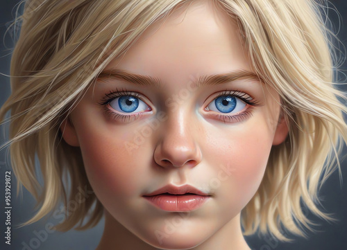 An illustration of a young girl with short tousled blonde hair