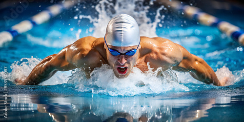 professional male swimmer, olympic level, breaststroke technique, AI generated