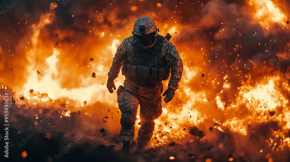 A soldier running through a large fire A soldier running through a large fire