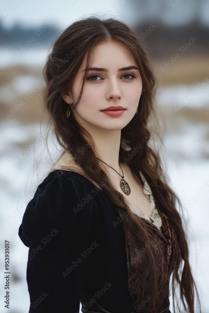 A woman with long brown hair standing in the snow A woman with long brown hair standing in the snow