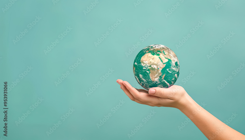 A hand holding a globe in a green field. Concept of the importance of taking care of the planet and the need to be mindful of our actions A hand holding a globe in a green field. Concept of the importance of taking care of the planet and the need to be mindful of our actions