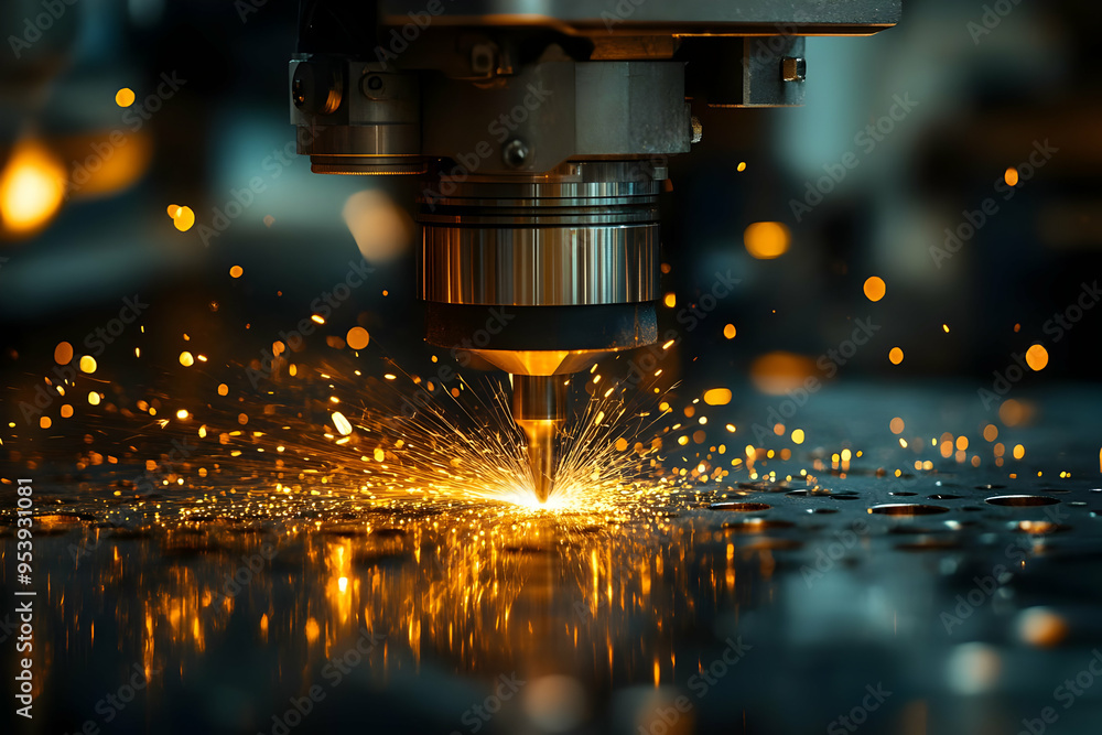 Close-up of a laser cutting machine in action, producing vibrant sparks during metal fabrication in a workshop environment. Close-up of a laser cutting machine in action, producing vibrant sparks during metal fabrication in a workshop environment.