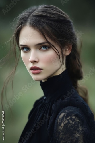 A woman with long brown hair and blue eyes in a black dress