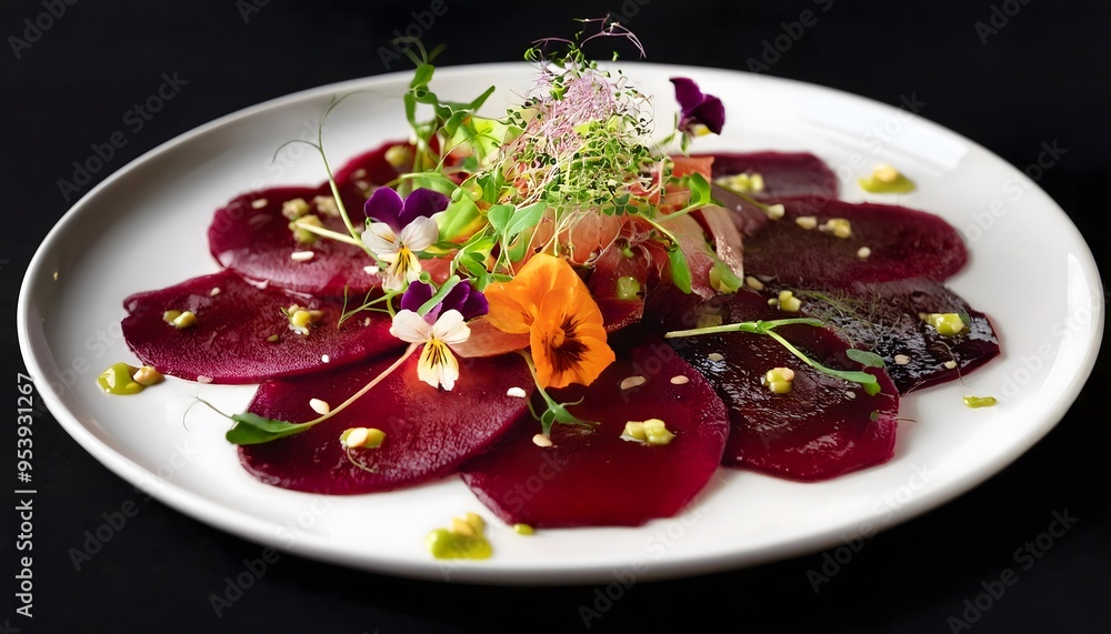 A beautifully arranged plate of vegan beetroot carpaccio with edible flowers, microgreens, and a drizzle of balsamic reduction. A beautifully arranged plate of vegan beetroot carpaccio with edible flowers, microgreens, and a drizzle of balsamic reduction.