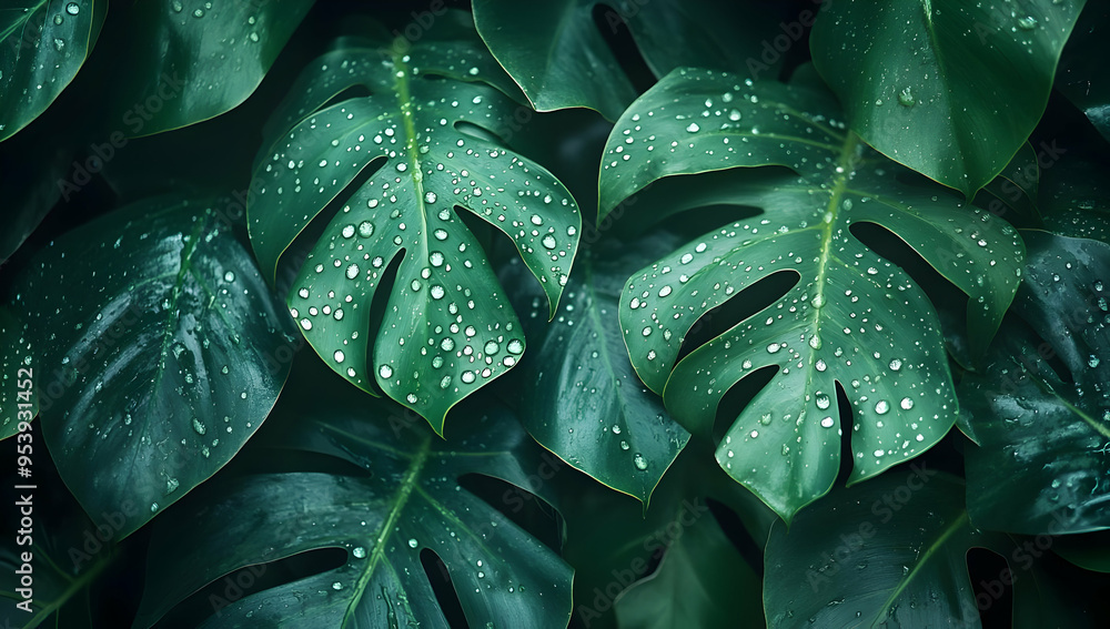 Close-up of lush green leaves adorned with fresh raindrops, showcasing nature's beauty and tranquility.