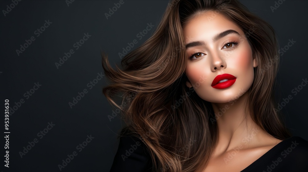 Fototapeta premium A woman with long brown hair and red lipstick
