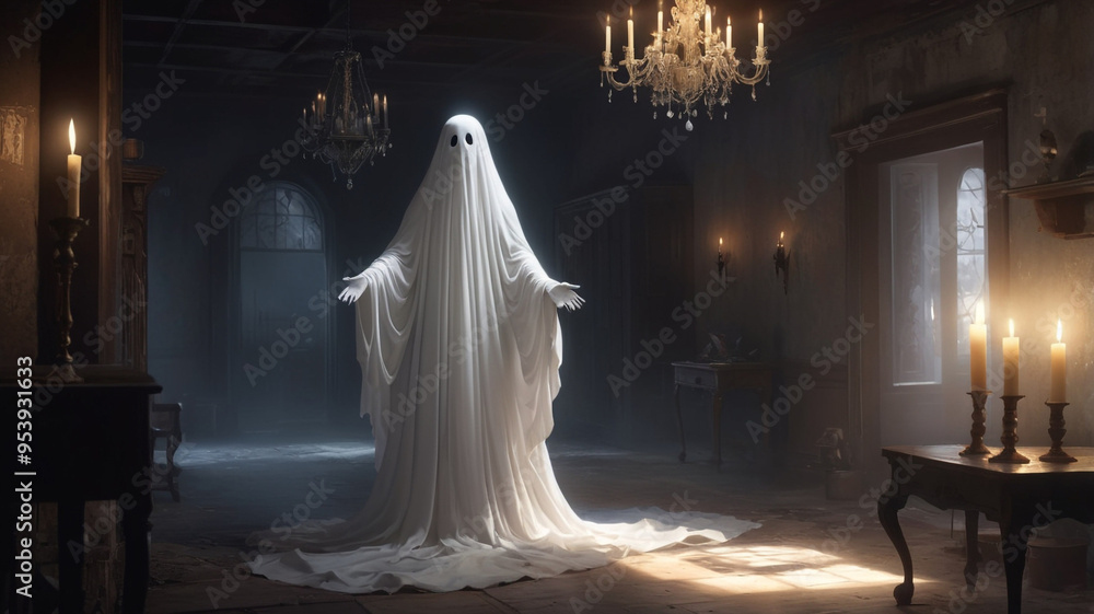 A mischievous but kind-hearted ghost is floating in an old, abandoned mansion. The ghost has a joyful expression as it playfully swirls around a dusty chandelier. A mischievous but kind-hearted ghost is floating in an old, abandoned mansion. The ghost has a joyful expression as it playfully swirls around a dusty chandelier.
