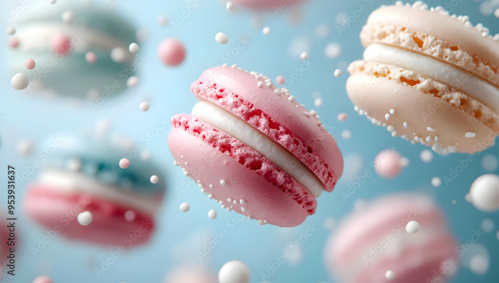 Colorful macarons floating against a soft blue background, perfect for dessert lovers and food photography enthusiasts. Colorful macarons floating against a soft blue background, perfect for dessert lovers and food photography enthusiasts.