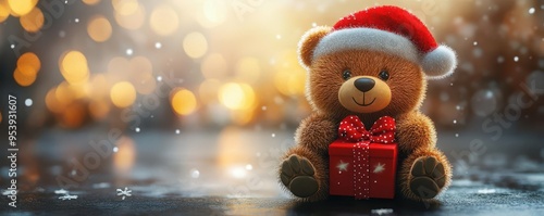 Wallpaper Mural 3D teddy bear wearing a Santa hat, holding a present, set on a bright background, 3D Christmas teddy bear, cuddly and festive Torontodigital.ca