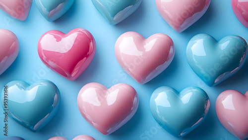 Colorful hearts in shades of pink and blue arranged on a blue background, perfect for love, romance, or Valentine's Day themes.