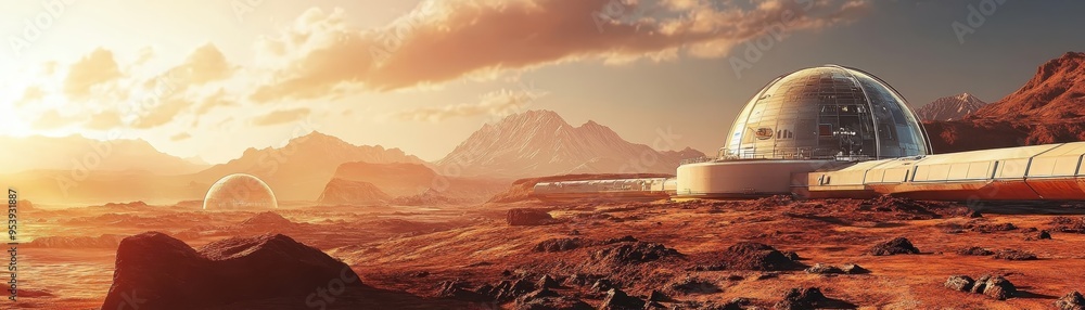 Naklejka premium Futuristic Martian colony with domes and structures under a beautiful sunset, showcasing extraterrestrial life possibilities and innovation.
