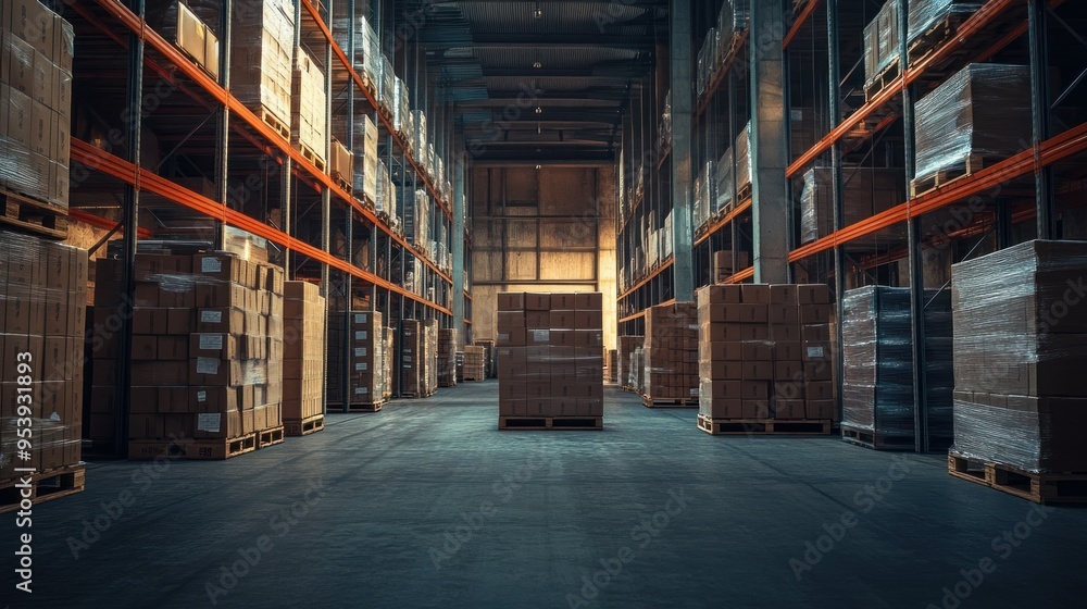 A Warehouse Interior with Rows of Pallets Stacked with Cardboard Boxes A Warehouse Interior with Rows of Pallets Stacked with Cardboard Boxes