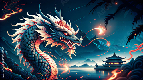 Majestic colorful dragon calligraphy with pagoda silhouette against starry night sky