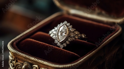 Breathtaking diamond engagement ring with marquise cut center stone surrounded by smaller gems set in intricate filigree silver resting on a plush velvet jewelry box for a truly elegant