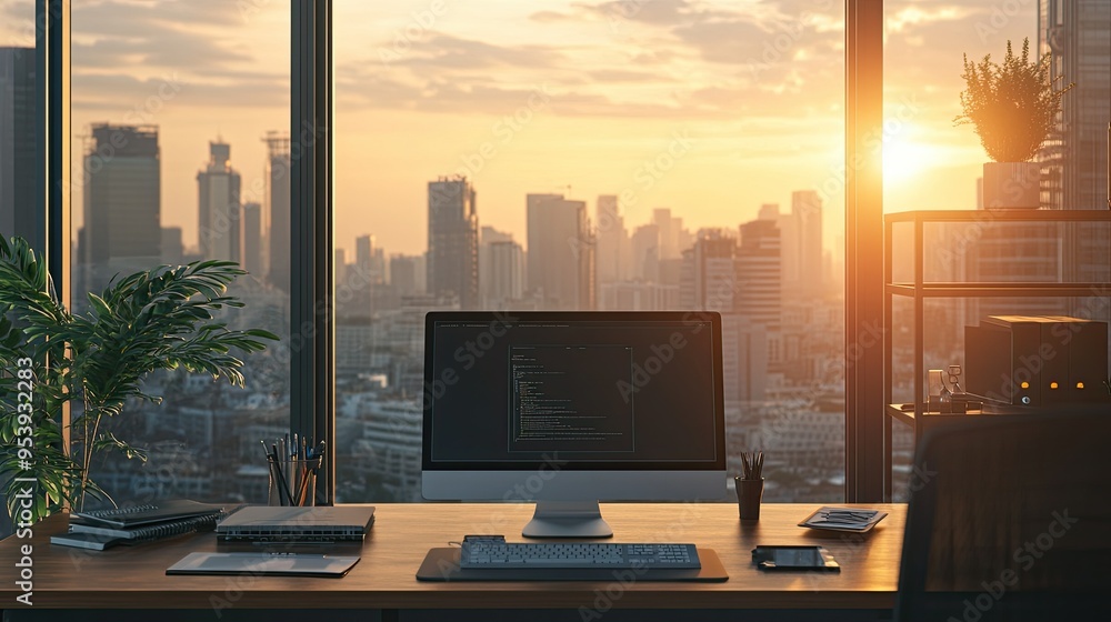 Modern coworking business interior with computers on table shelf with document and city view. Workplace and lifestyle concept. 3D Rendering Modern coworking business interior with computers on table shelf with document and city view. Workplace and lifestyle concept. 3D Rendering