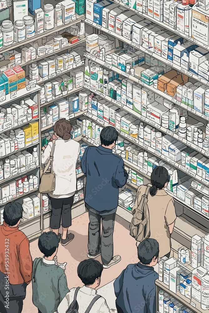 Obraz premium Customers in a Vibrant Pharmacy Adhering to Safety Measures and Purchasing Essential Medicines