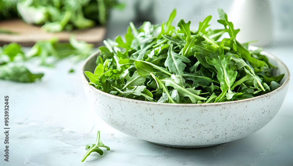 Fresh arugula leaves in a white bowl, perfect for salads or garnishes, showcasing vibrant greens on a marble countertop. Fresh arugula leaves in a white bowl, perfect for salads or garnishes, showcasing vibrant greens on a marble countertop.