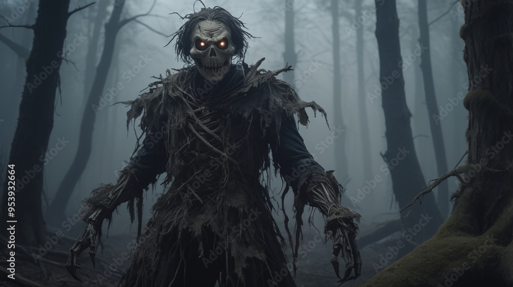 A scarecrow with a malevolent, contorted face stands among the gnarled trees of a shadowy forest. The scarecrow’s clothes are tattered, and its face is grotesque, with hollow eyes. A scarecrow with a malevolent, contorted face stands among the gnarled trees of a shadowy forest. The scarecrow’s clothes are tattered, and its face is grotesque, with hollow eyes.