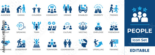 People Icon Set. Features groups, and social interactions. Ideal for presentations, websites, and apps related to teamwork, community, and human connections. Editable vector graphics.