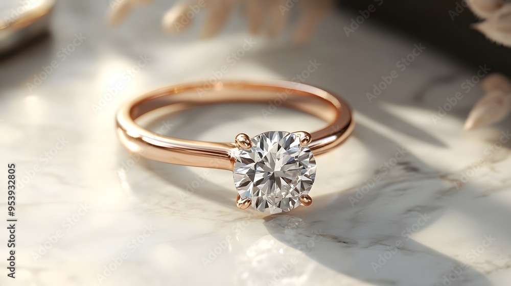 Stunning close up view of a modern rose gold ring featuring a round brilliant diamond placed on a sleek marble surface with clean lines and reflections Stunning close up view of a modern rose gold ring featuring a round brilliant diamond placed on a sleek marble surface with clean lines and reflections