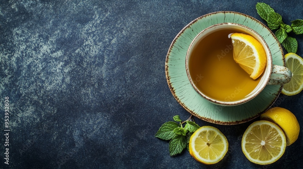 A high-quality stock image of a hot cup of herbal tea with lemon slices on the right side, leaving space on the left for text. Ideal for wellness, relaxation, and beverage promotions. A high-quality stock image of a hot cup of herbal tea with lemon slices on the right side, leaving space on the left for text. Ideal for wellness, relaxation, and beverage promotions.
