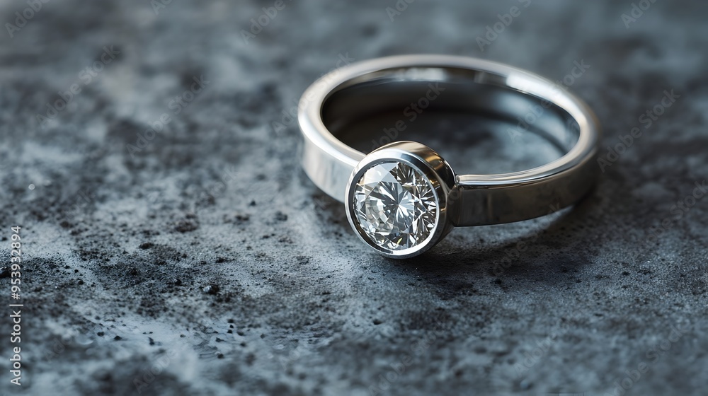 Elegant titanium diamond ring with a bezel setting lying on a polished concrete surface showcasing the modern and sophisticated design of this premium jewelry piece Elegant titanium diamond ring with a bezel setting lying on a polished concrete surface showcasing the modern and sophisticated design of this premium jewelry piece