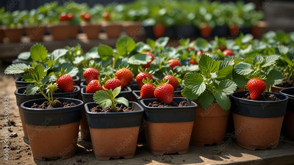 Fresh Strawberry Plants in Pots with Ripe and Unripe Berries Fresh Strawberry Plants in Pots with Ripe and Unripe Berries