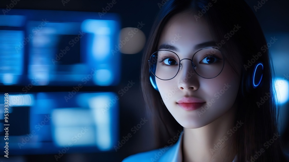 A woman wearing glasses in front of a computer screen A woman wearing glasses in front of a computer screen
