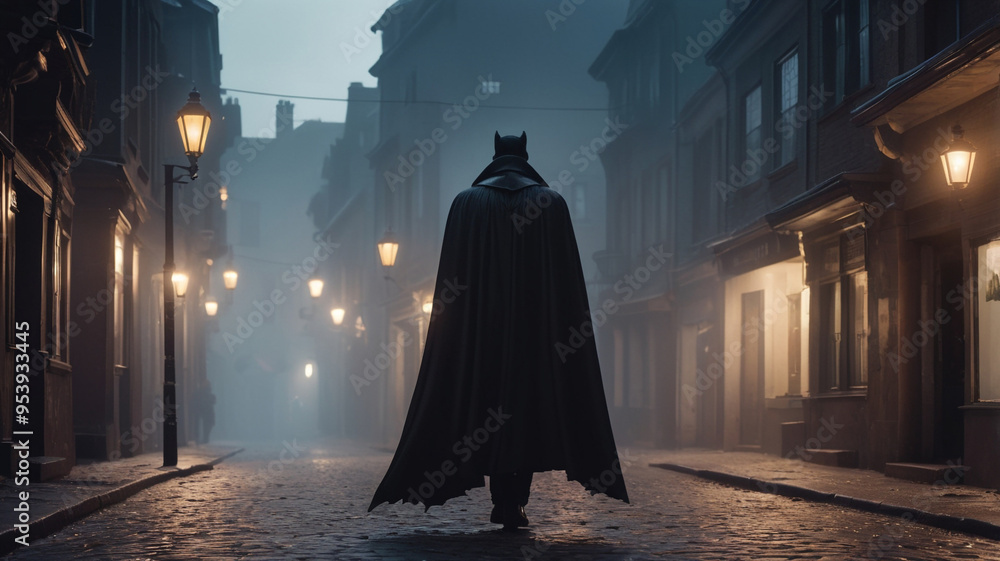 A sinister vampire with a billowing black cape and razor-sharp fangs emerges from the shadows of a narrow, cobblestone street on Halloween night. A sinister vampire with a billowing black cape and razor-sharp fangs emerges from the shadows of a narrow, cobblestone street on Halloween night.