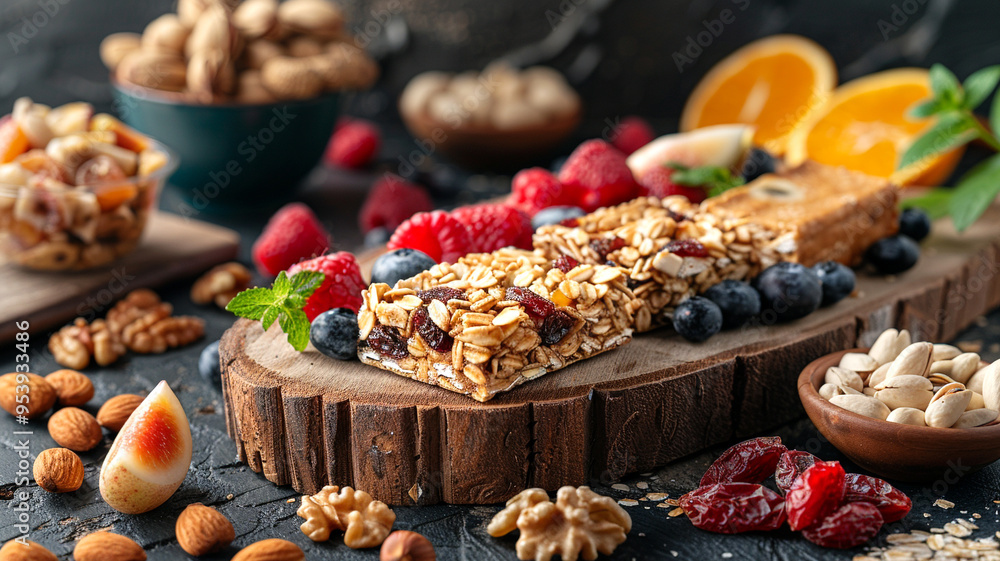 Healthy granola bars displayed with fresh fruits and assorted nuts on a wooden board Healthy granola bars displayed with fresh fruits and assorted nuts on a wooden board