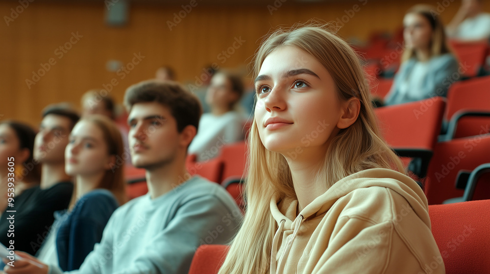 Fototapeta premium Students attentively listening to a lecture in a university auditorium on a sunny afternoon