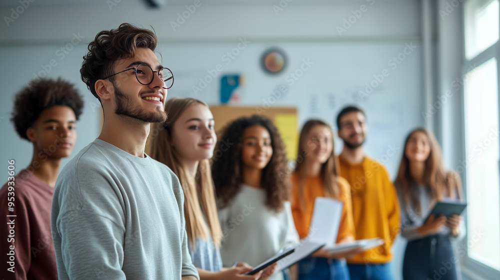 Group of diverse young adults engaged in a collaborative presentation during a classroom session at a modern educational facility Group of diverse young adults engaged in a collaborative presentation during a classroom session at a modern educational facility