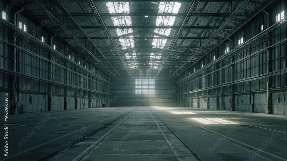 Empty Industrial Warehouse with Sunbeams Through Skylight Empty Industrial Warehouse with Sunbeams Through Skylight