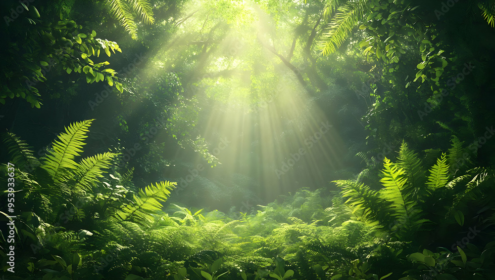 Fototapeta premium Serene forest scene with sunlight streaming through lush green leaves, creating a peaceful atmosphere and vibrant foliage.