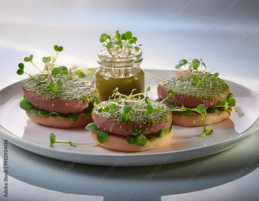 A clean, modern presentation of lab-grown meat burgers, with a minimalist setup on a white plate. A clean, modern presentation of lab-grown meat burgers, with a minimalist setup on a white plate.